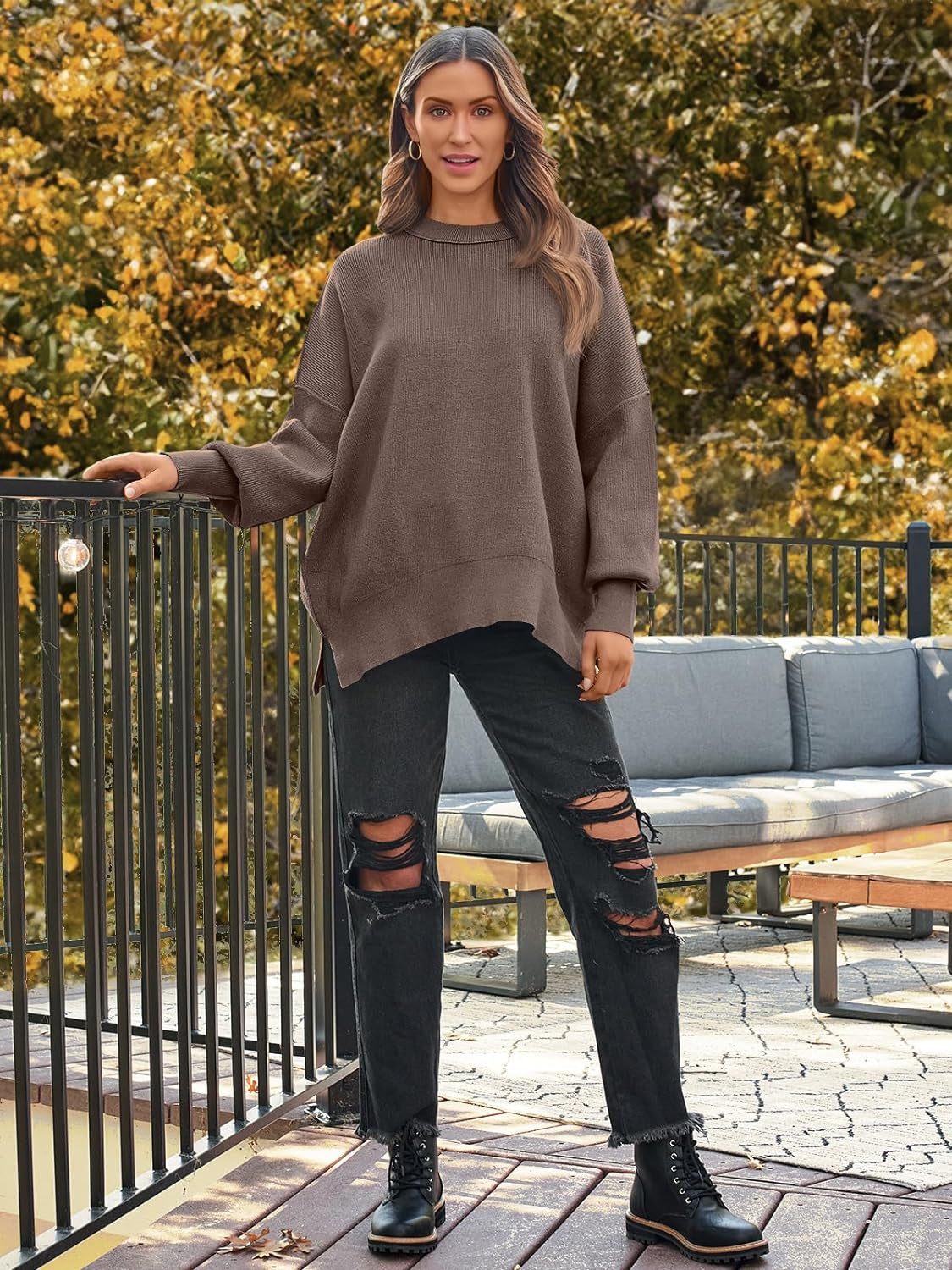 Women'S Oversized Batwing Sweaters 2024 Fall Outfits Crewneck Ribbed Knit Side Slit Trendy Pullover Tops