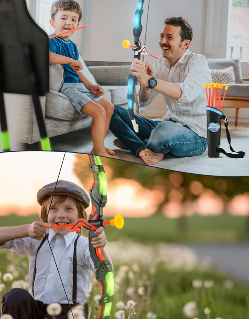 Load image into Gallery viewer, Bow and Arrow Set for Kids, 2-Pack LED Light up Archery Set with 20 Suction Cup Arrows, Outdoor Toy for Boy Girl Age 4-8 8-12 with Standing Target&amp;2 Quivers, Birthday Gift for Kid 5 6 7 8 9 Year Old
