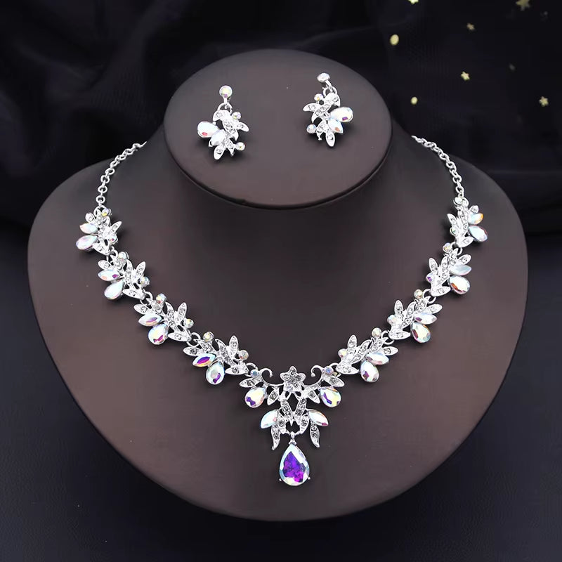 Elegant Fashion Necklace Sets for Women Dangle Earrings Princess Collar Two Piece Set Bride Jewelry Bridal Wedding Accessories