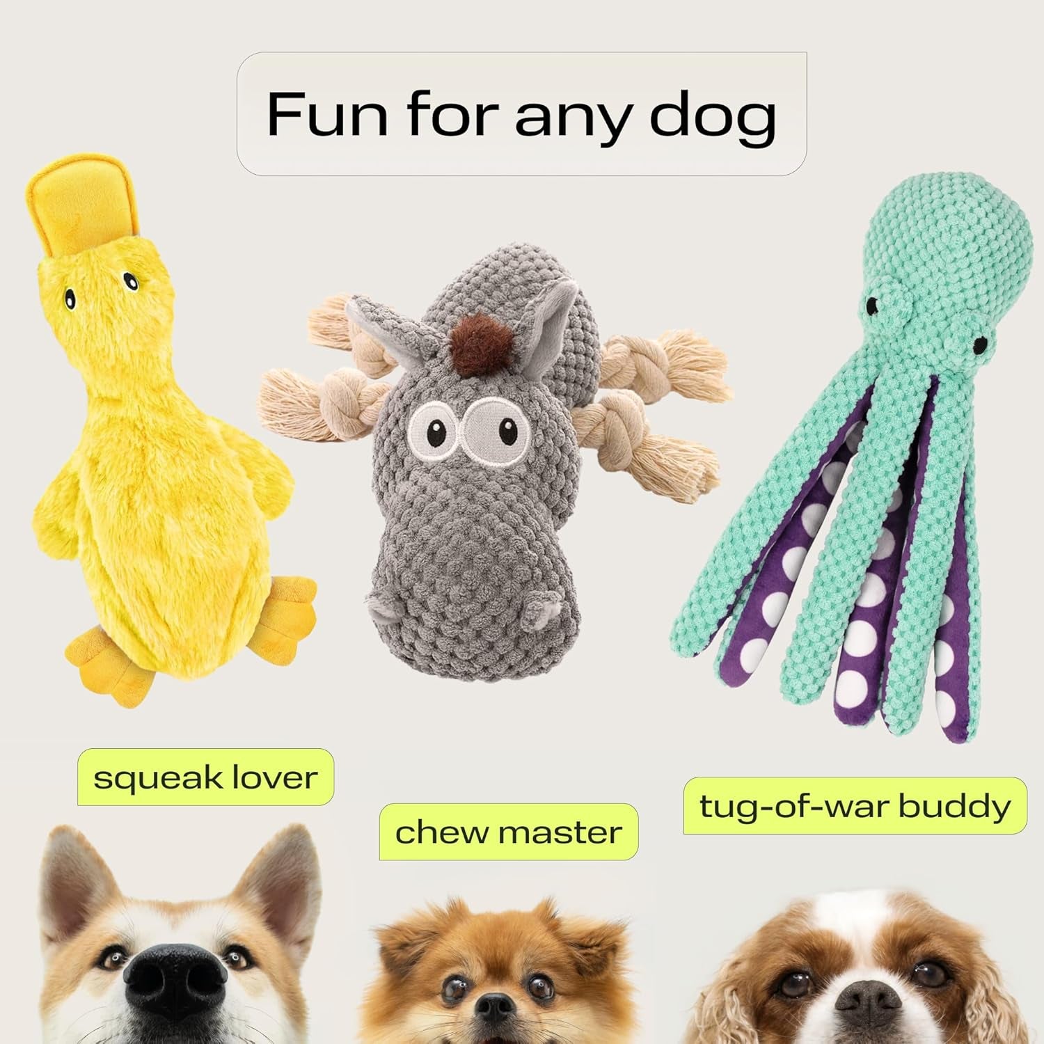 Dog Gifts Squeaky Stuffed Dog Toy Pack - 3 Dog Chew Toys for Large, Medium, Small Dogs and Puppies- Rope Donkey, Plush Octopus, Crinkle Duck Toy - Pet Supplies Toys for Dogs to Keep Them Busy