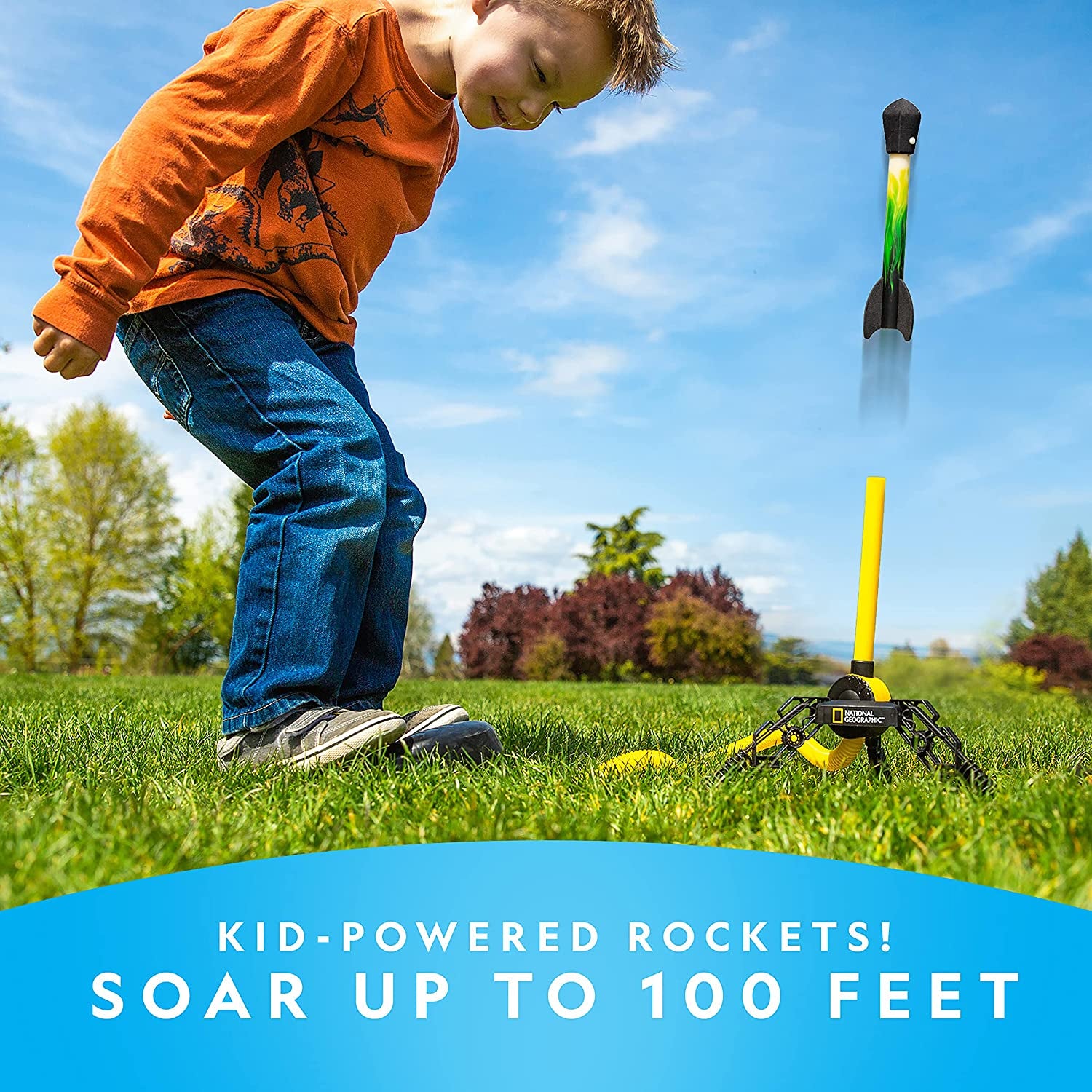 National Geographic Air Rocket Toy – Ultimate LED Rocket Launcher for Kids, Jump and Launch the Light Up, Air Powered, Foam Tipped Rockets up to 100 Feet