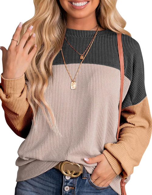 Load image into Gallery viewer, Womens Fashion 2024 Color Block Long Sleeve Crewneck Knitted Casual Loose Pullover Shirts Tops
