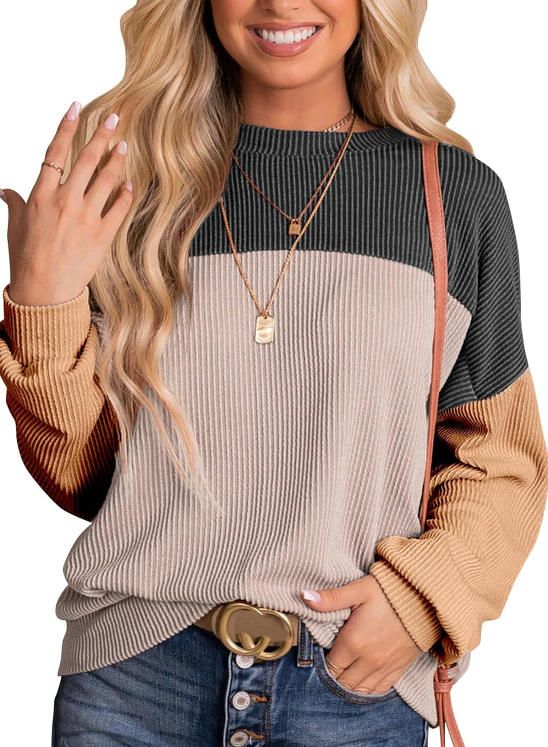 Womens Fashion 2024 Color Block Long Sleeve Crewneck Knitted Casual Loose Pullover Shirts Tops