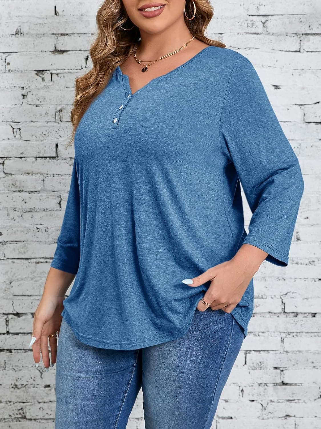 Womens plus Size T-Shirts V Neck 3/4 Sleeve Tops Fall Henley Shirts Casual Basic Loose Fit Blouses