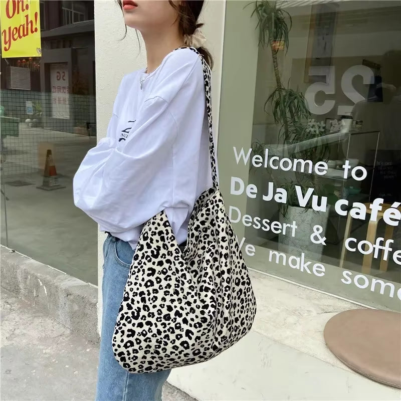 Oversized Leopard Prints Shoulder Bags for Women Deformable Canvas Large Capacity Shopping Totes 2024 Winter New Luxury Handbags