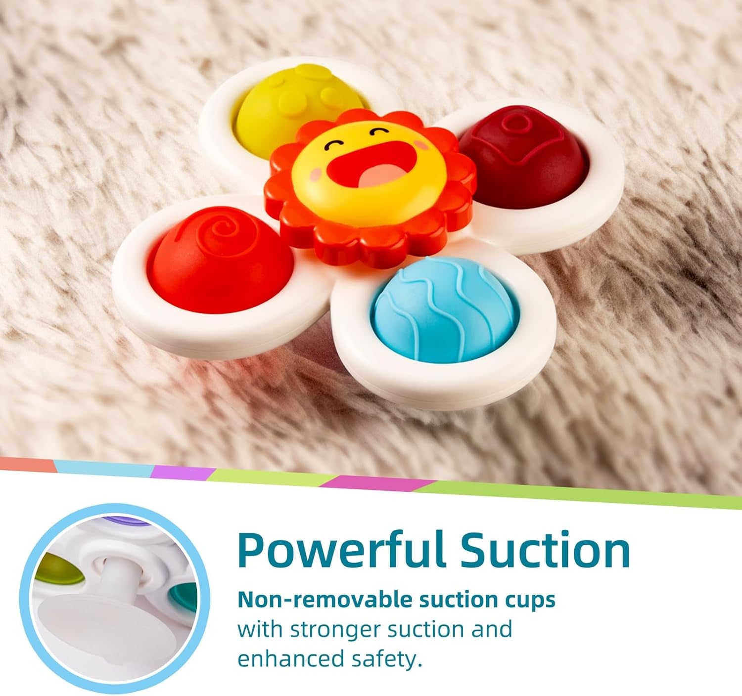 Strong Suction Cup Fidget Spinnerz Sensory Bath Toys for Baby 12 18 Months Airplane Car Travel Table & Window Toys for 1 2 Year Old Toddler Boys and Girls Stocking Stuffer Christmas Choice (Sun)