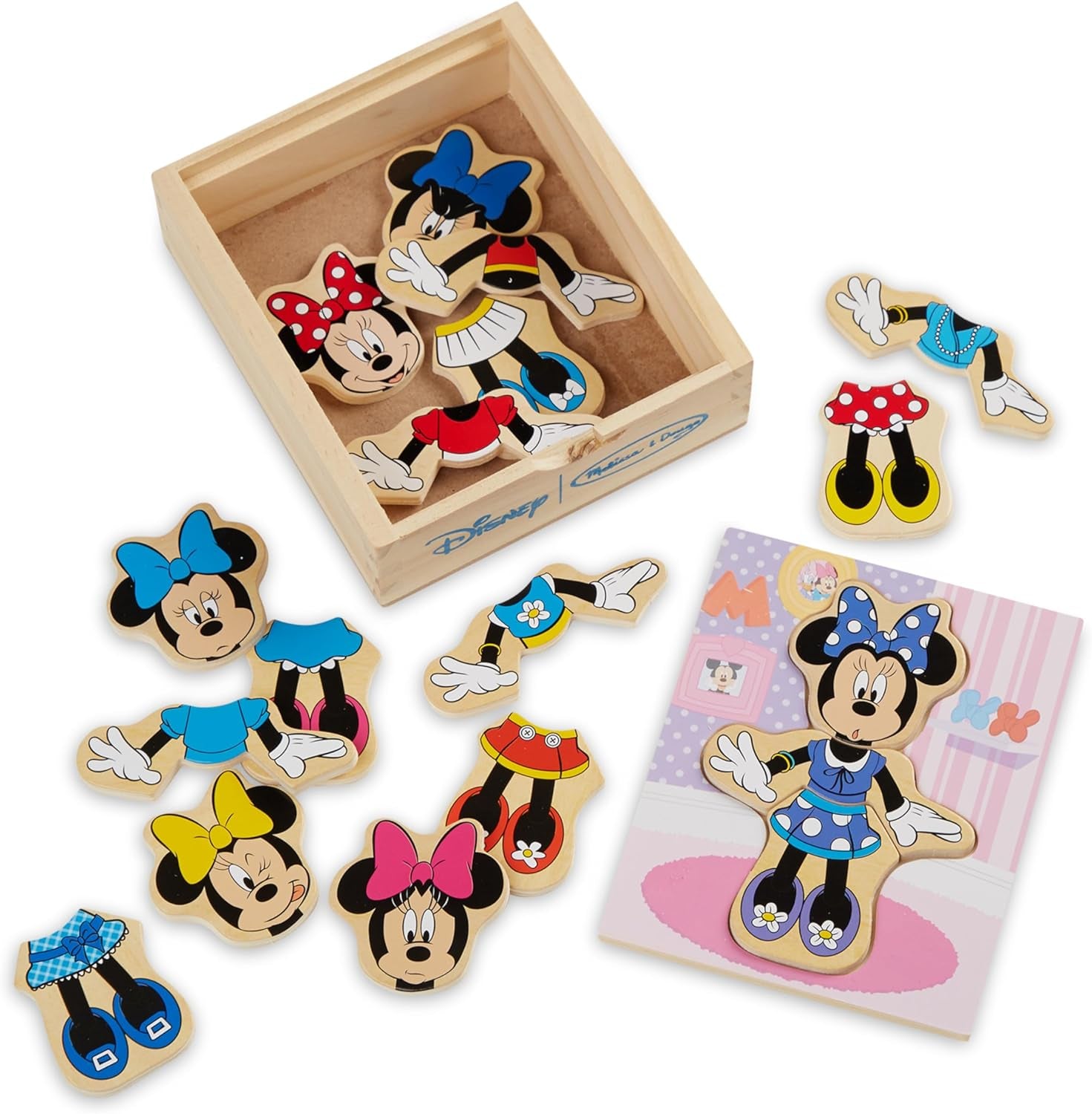 Disney Minnie Mouse Mix and Match Dress-Up Wooden Play Set (18 Pcs) - Minnie Mouse Toys for Disney Fans, Fashion Puzzle Travel Toys for Kids Ages 3+