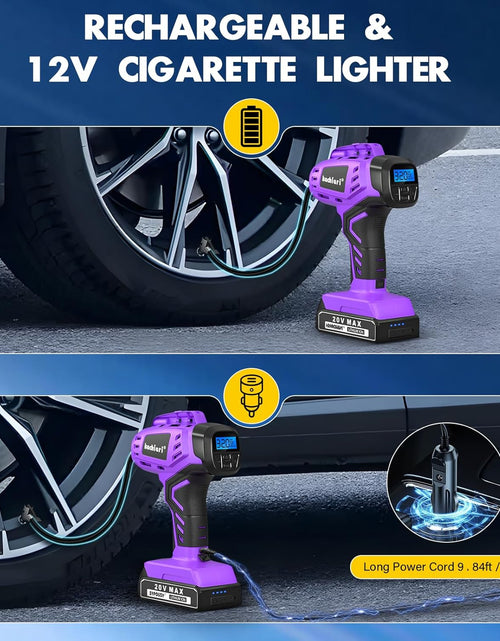 Load image into Gallery viewer, Tire Inflator Portable Air Compressor, 20V Cordless Car Tire Pump, Rechargeable Battery Powered Air Compressor W/12V DC Adapter Purple
