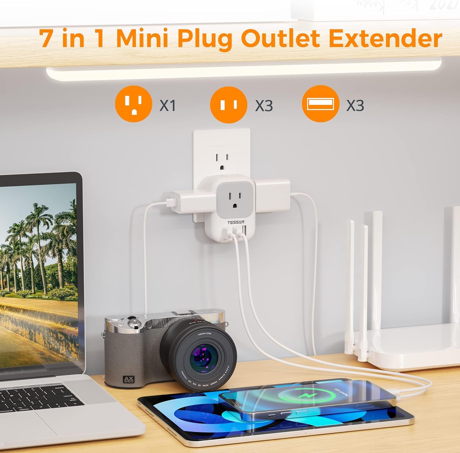 Multi Plug Outlet Extender with USB,  Electrical 4 Box Splitter 3 USB Wall Charger, Multiple Charging Station for Cruise, Travel, Office, Dorm Essentials