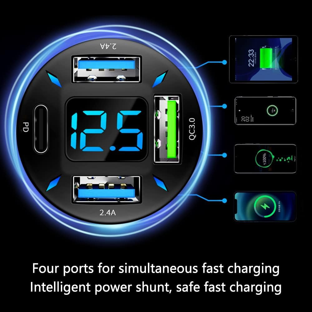 Car Charger 66W Super Fast Charging with USB PD&QC 3.0(Voltmeter&Led Lights) Universal Quick Charge for 12-24V Car Cigarette Lighter Plug,Compatible with Iphone 14 13 12,S22 S21 S20,Ipad(Black)