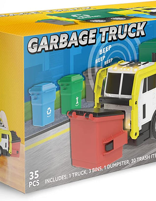 Load image into Gallery viewer, Large Friction Powered Garbage Truck Toy Set, Includes Dumpster, Trash Bins, and Learning Cards for Kids
