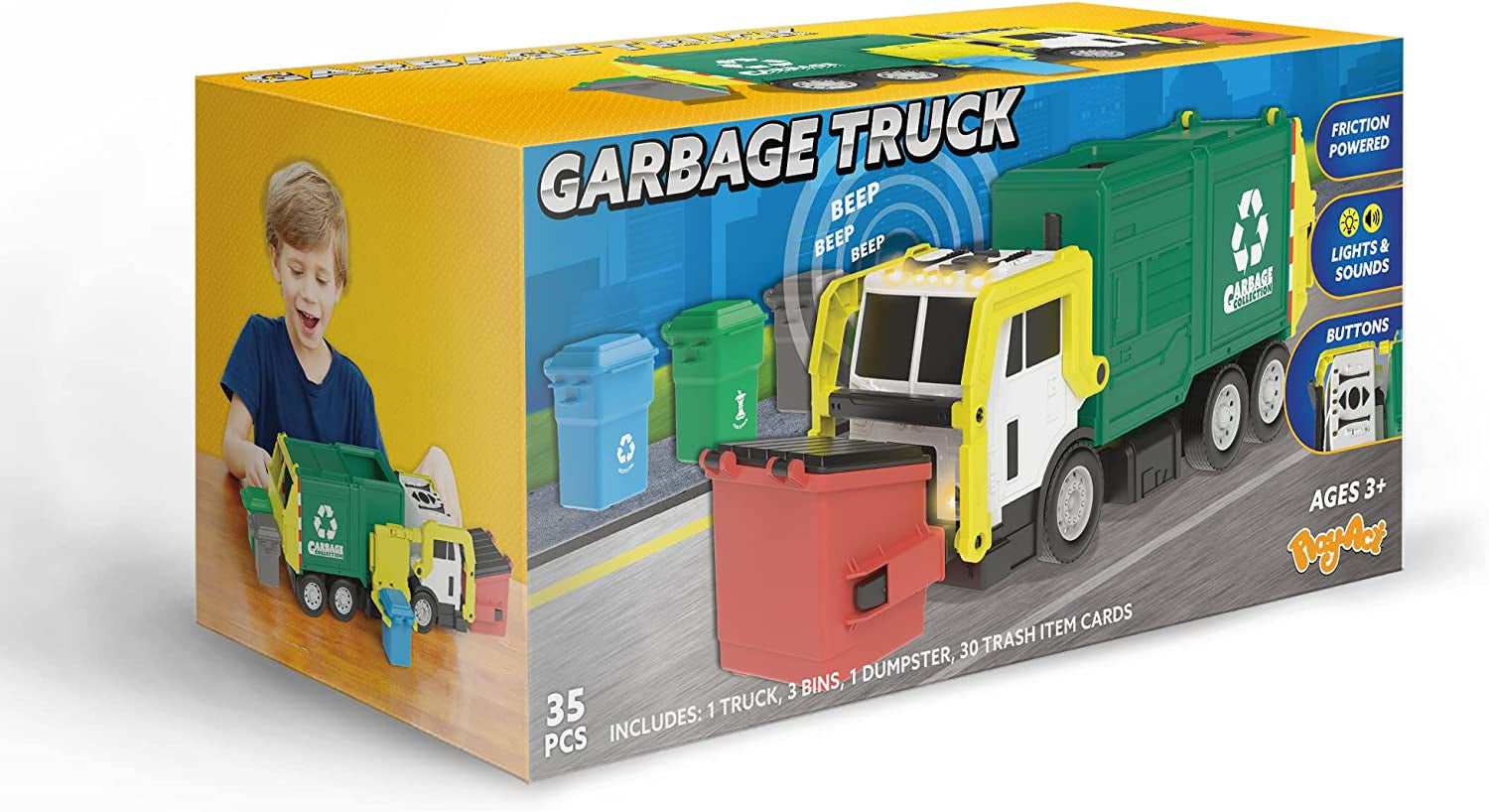 Large Friction Powered Garbage Truck Toy Set, Includes Dumpster, Trash Bins, and Learning Cards for Kids