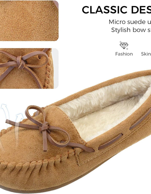 Load image into Gallery viewer, Women&#39;S Moccasin Slippers Micro Suede Warm Faux Fur Pile Lined Lace-Up Cozy Bow Indoor &amp; Outdoor Moccasins Slip on Loafers Shoes for Women
