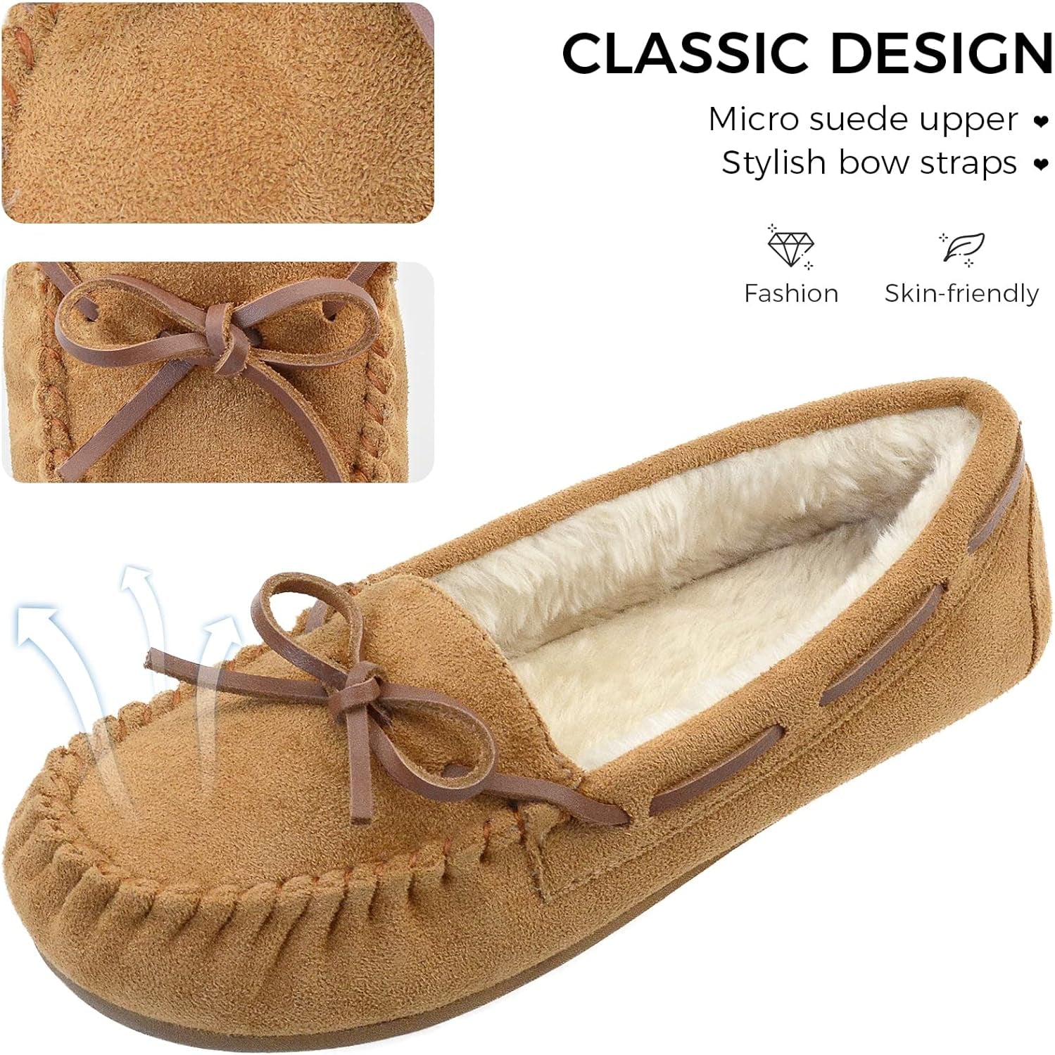 Women'S Moccasin Slippers Micro Suede Warm Faux Fur Pile Lined Lace-Up Cozy Bow Indoor & Outdoor Moccasins Slip on Loafers Shoes for Women