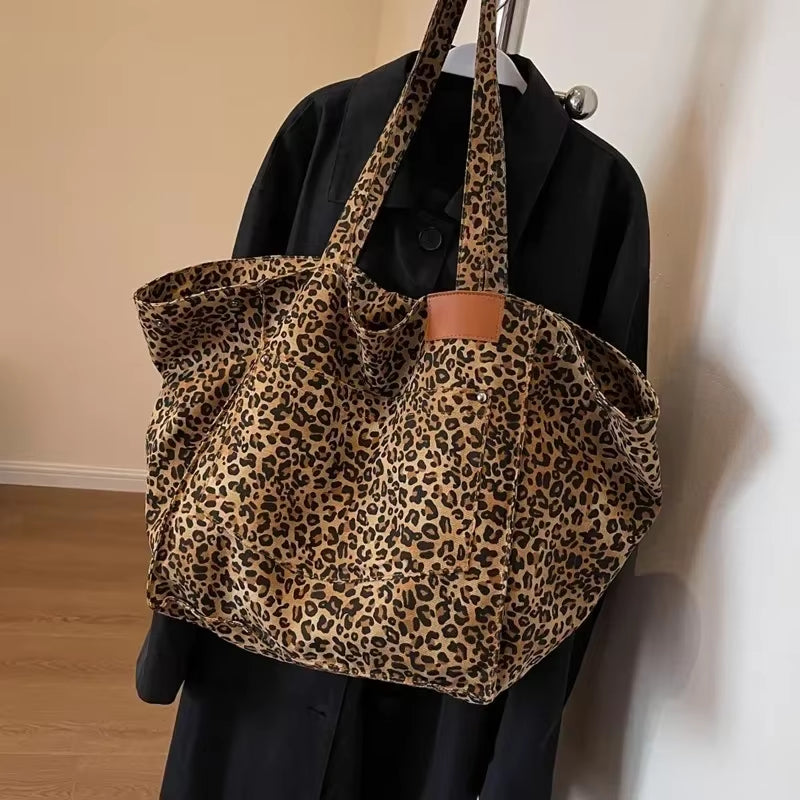 Oversized Leopard Prints Shoulder Bags for Women Deformable Canvas Large Capacity Shopping Totes 2024 Winter New Luxury Handbags