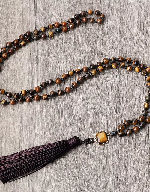 Load image into Gallery viewer, Vintage Design Tiger Eye Stone Necklace Handmade Knotted 6Mm 108 Mala Beads Necklaces Drop Pendant Women Men Yoga Jewelry Gifts
