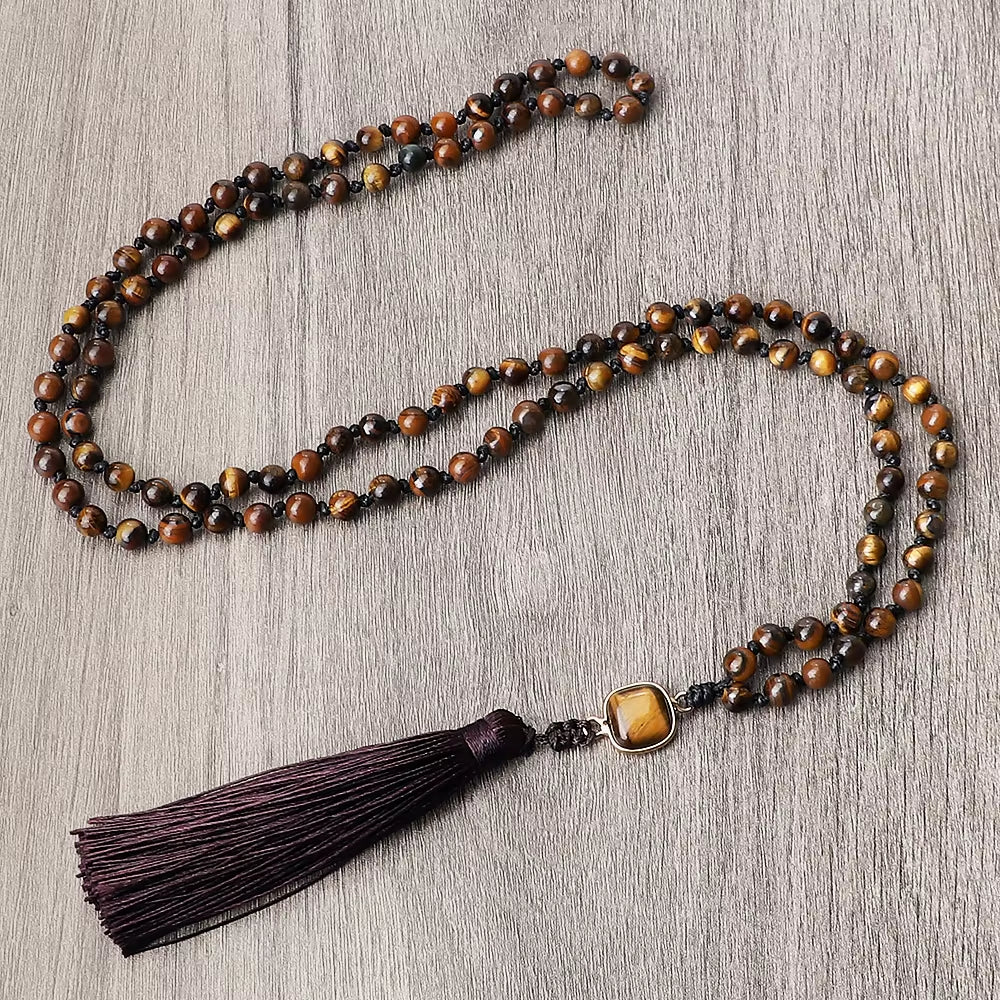 Vintage Design Tiger Eye Stone Necklace Handmade Knotted 6Mm 108 Mala Beads Necklaces Drop Pendant Women Men Yoga Jewelry Gifts