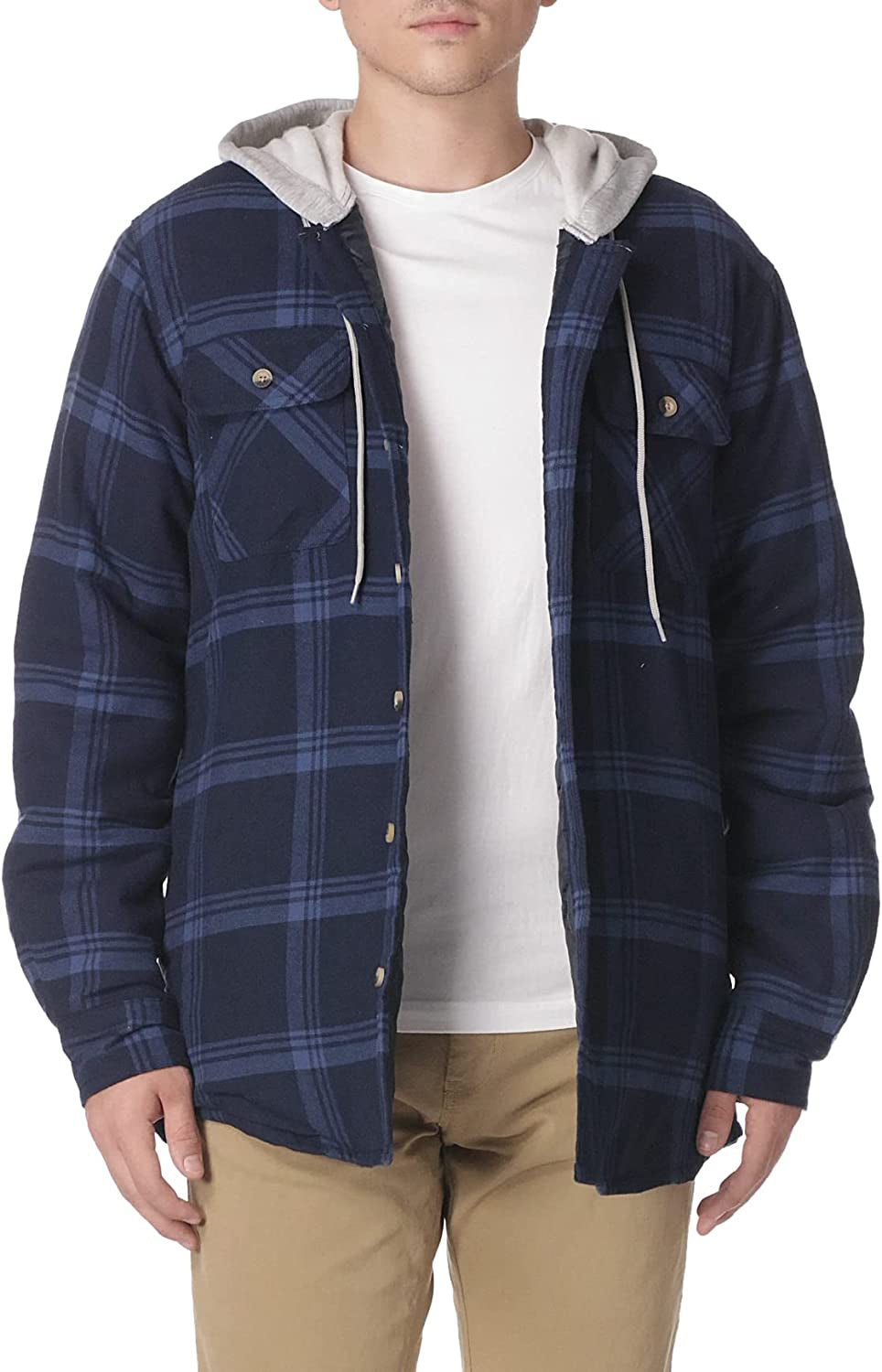 Men'S Long Sleeve Quilted Lined Flannel Shirt Jacket with Hood