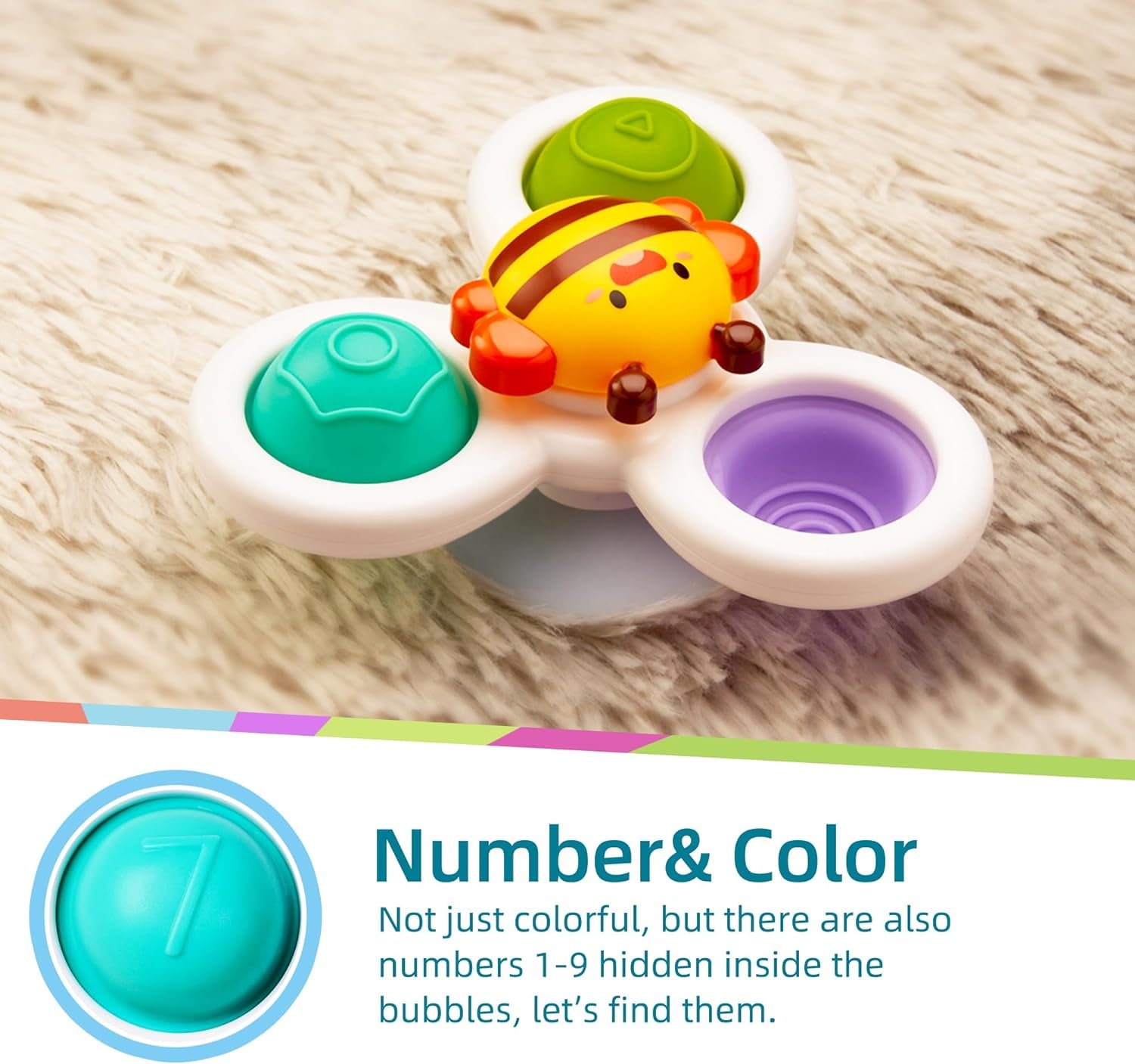 Strong Suction Cup Fidget Spinnerz Sensory Bath Toys for Baby 12 18 Months Airplane Car Travel Table & Window Toys for 1 2 Year Old Toddler Boys and Girls Stocking Stuffer Christmas Choice (Sun)