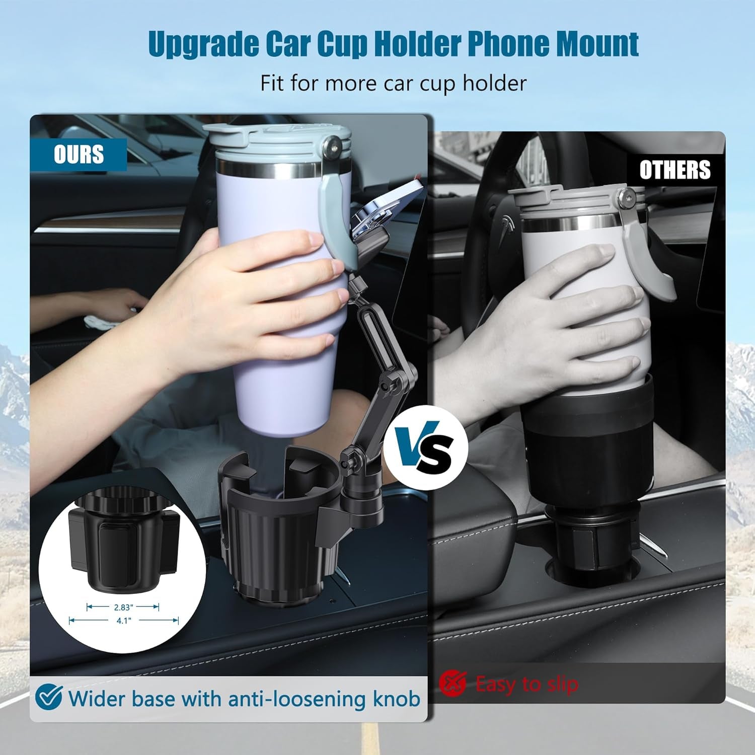 Cup Holder Phone Mount for Car, Car Cup Holder Phone Holder with Expandable Base, 2 in 1 Cup Phone Holder Adapter for Car, 360 Degree Rotating Neck, Fits All 4-7” Smartphones and Most Bottles