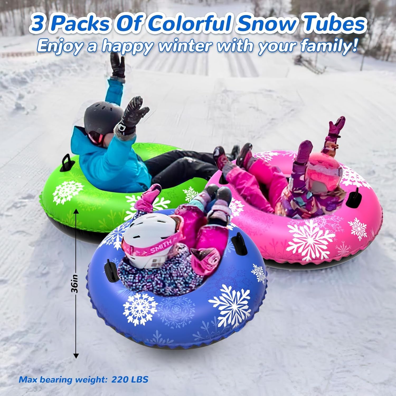 36" 3Pack /40" 2Pack Snow Tubes, Inflatable Snow Sled for Kids & Adults, Thickened Heavy Duty Hard Bottom Snow Sleds with Handles, Winter Outdoor Sports Toys for Boys Girls Family Activities