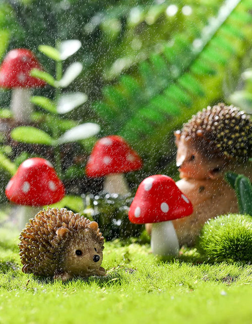 Load image into Gallery viewer, Resin Hedgehogs &amp; Wood Mushroom Sculpture, Fairy Wild Garden Supplies, 6 Pieces, Red, Handmade Decor
