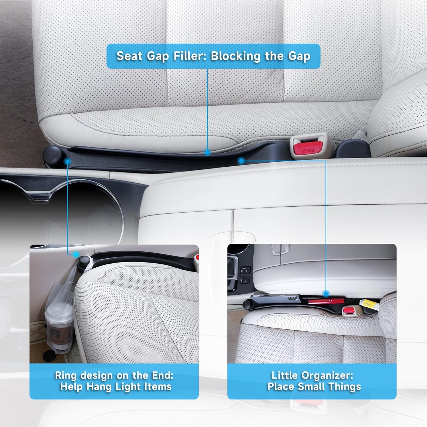 Car Seat Gap Filler Set of 2, Soft Foam Multifunctional Seat Side Gap Filler with Organizer & Hook Function, 3In1 Gap Stopper Universal Fit Car SUV Truck Fill the Gap between Seat & Console