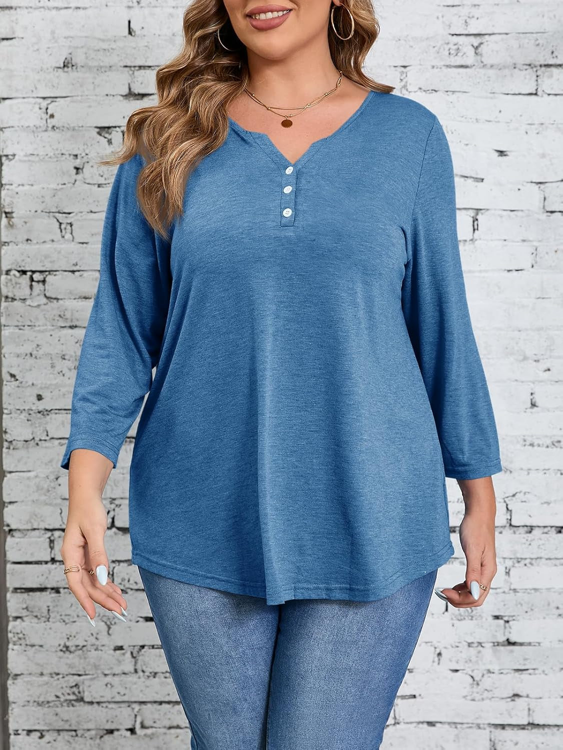 Womens plus Size T-Shirts V Neck 3/4 Sleeve Tops Fall Henley Shirts Casual Basic Loose Fit Blouses