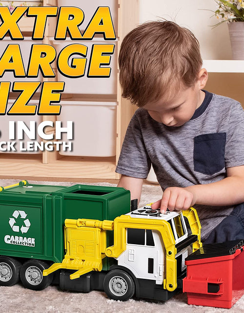 Load image into Gallery viewer, Large Friction Powered Garbage Truck Toy Set, Includes Dumpster, Trash Bins, and Learning Cards for Kids
