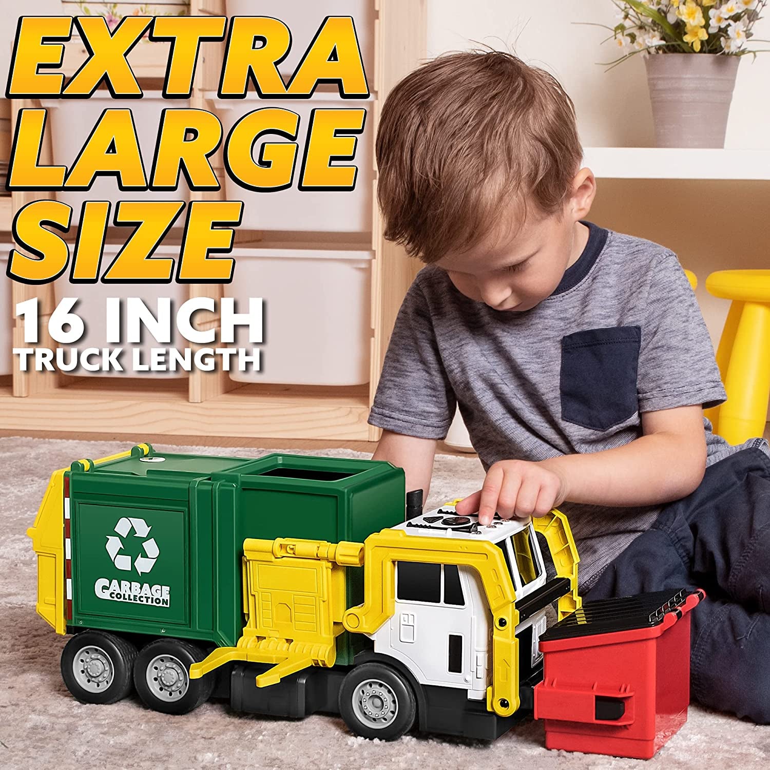 Large Friction Powered Garbage Truck Toy Set, Includes Dumpster, Trash Bins, and Learning Cards for Kids