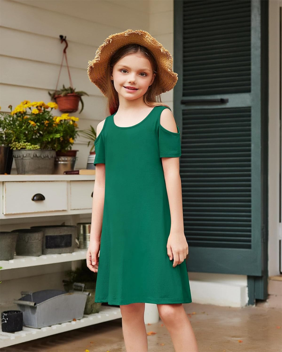 Girls Summer Dress Short Sleeve Cold Shoulder Solid Color Swing Casual Dresses with Pockets