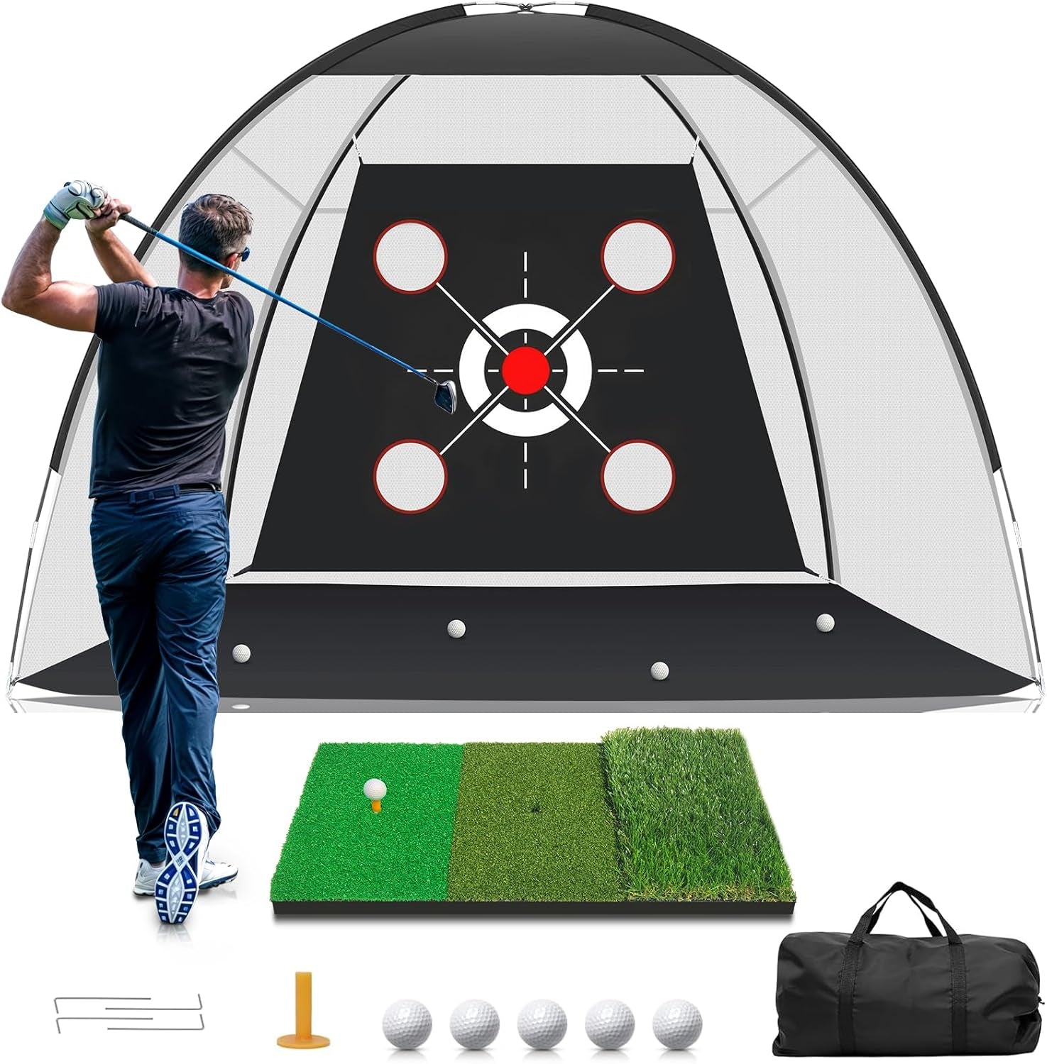 Golf Net, Golf Practice Net with Golf Mat, Golf Hitting Aid Nets 10X7Ft for Backyard Driving Chipping Training Swing with Target/Mat/Balls/Tee Outdoor& Indoor–Golf Gifts for Men/Dad/Him | Golf Lovers