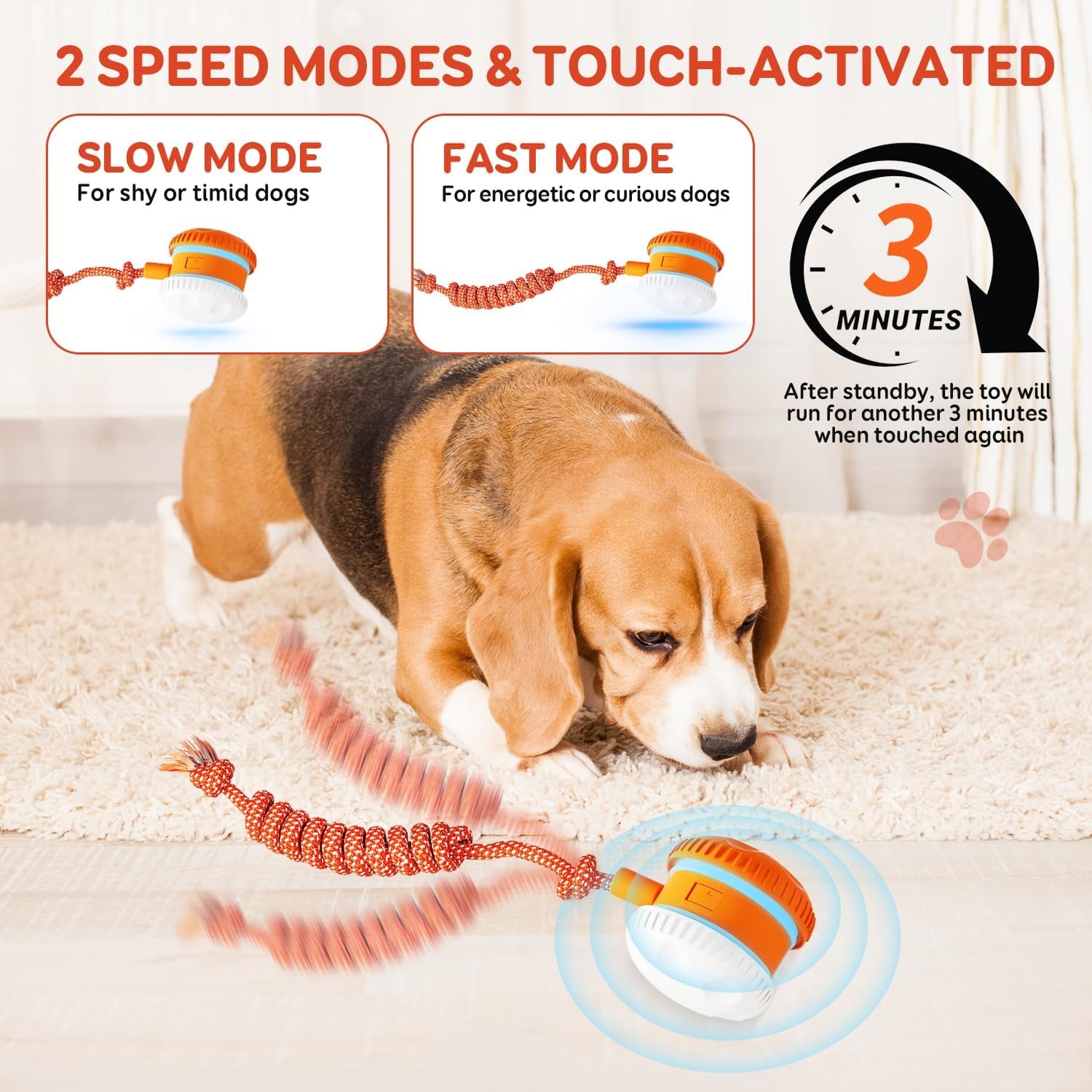 Interactive Dog Ball, Random Path Electric Automatic Moving and Rolling Dog Toy with Rope for Small Medium Large Dogs, Motion-Activated Dog Stimulation Toy for Boredom Relief (Orange-Red)