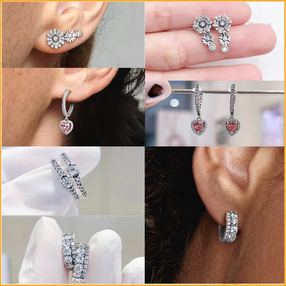 Original Authentic 925 Sterling Silver Earrings Sparkling Freehand Heart Hoop Plata Pandore Earrings Women Fashion Jewelry Gift