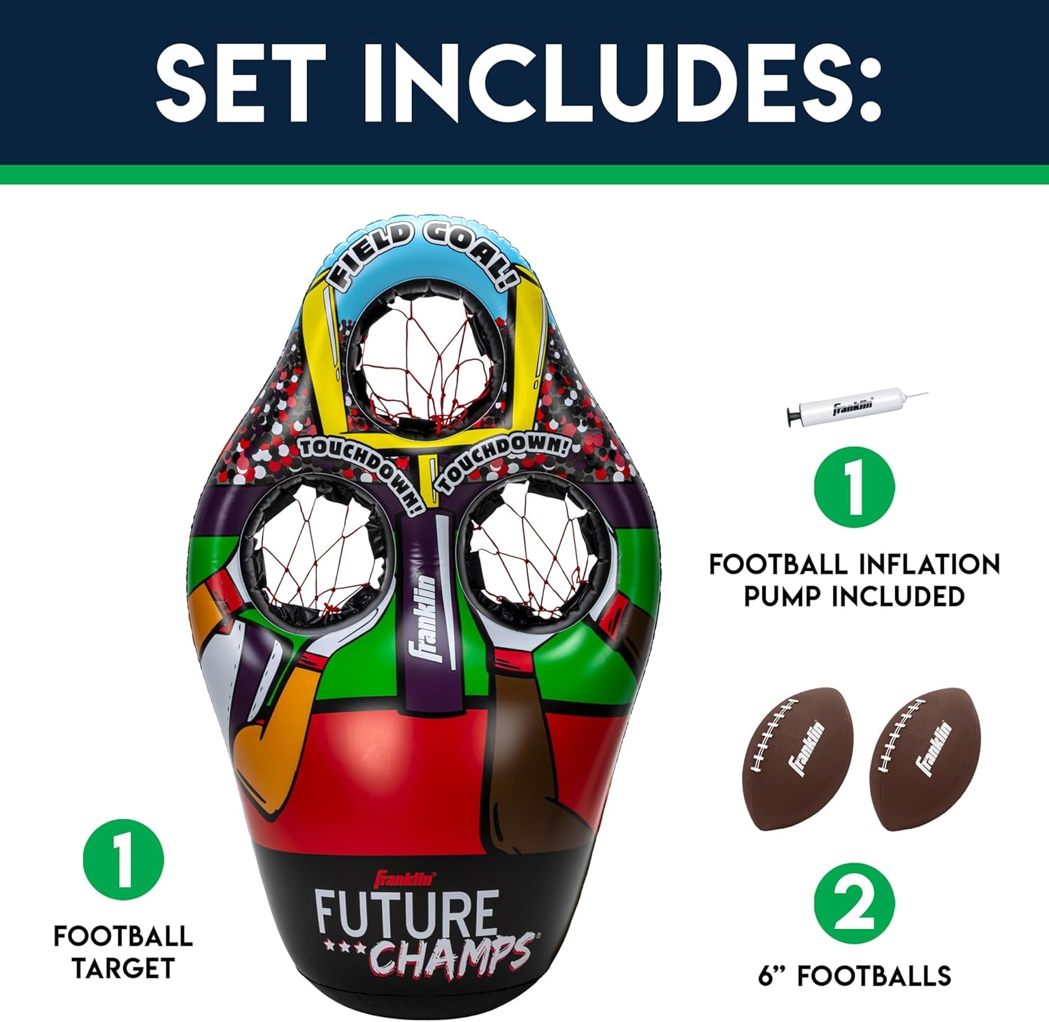 Kids Football Target Toss Game - Inflatable Football Throwing Target Toy with Soft Mini Footballs - Fun Kids Football Toy Toss Game - Inflatable Indoor + Outdoor Sports Game